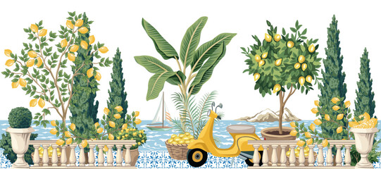 Italian coast, lemon tree, scooter, palms, cypress tree, sea wave, sailboat, tile, island illustration. Summer seafront Mediterranean mural. © good_mood