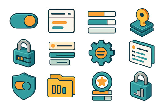 Access Level UI set icons in modern isometric flat vector style: toggle switch access, dropdown access levels, progress bar levels, key with layers, lock with slider, tiered list,