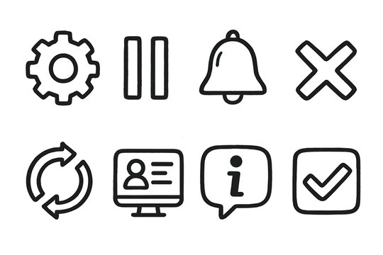 Subscription Management set of icons in doodle hand-drawn vector style: gear settings, pause button, cancel cross, reminder bell, auto-renew loop, account dashboard, info bubble,