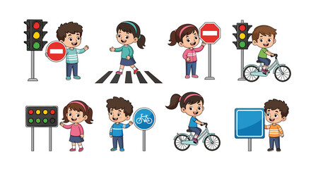 Joyful children learning traffic safety with colorful signs and signals, promoting road awareness for young learners