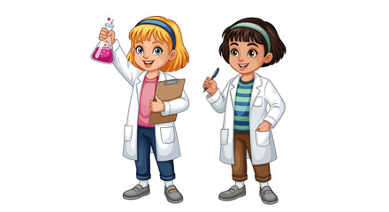 Obraz premium Curious young scientists enthusiastically exploring chemistry experiments with beakers and clipboards in a vibrant, playful style