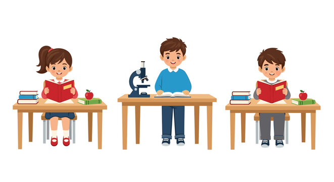 Engaged children eagerly learning and exploring science at school desks with books and a microscope for educational adventures - Powered by Adobe