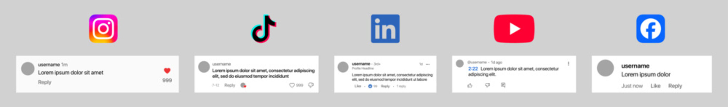 YouTube LinkedIn TikTok and Instagram comment interface mockup with reply threads, like and share buttons, emoji reactions, user avatars, and clean modern social media layout vector design