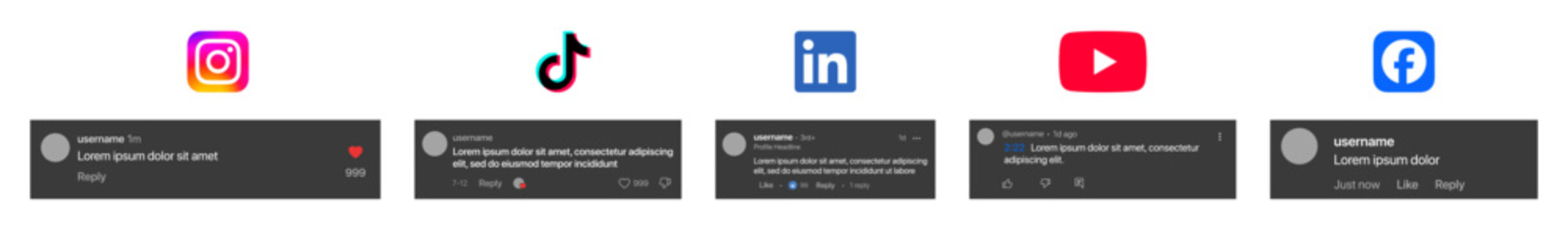 Instagram TikTok LinkedIn and YouTube comments section mockup with likes, replies, share options, reactions, profile icons, and timestamps in modern clean social media interface vector design