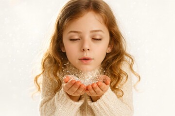Child blowing glitter in soft winter light, magical Christmas portrait with dreamy atmosphere and cozy beige tones on white background.