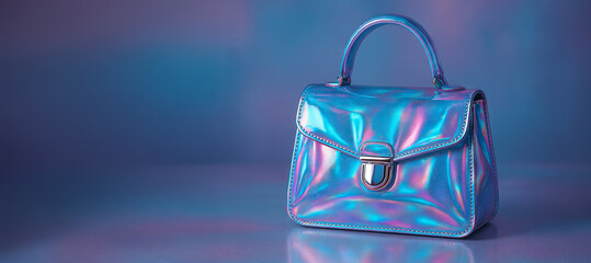 Iridescent holographic handbag with vivid colors and reflective surface on simple background. concept of fashion accessory, stylish bag, modern design, banner, copy space