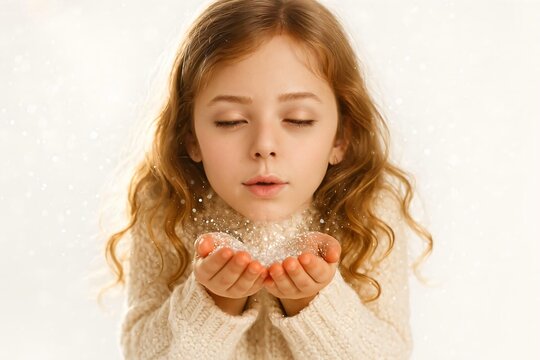 Child blowing glitter in soft winter light, magical Christmas portrait with dreamy atmosphere and cozy beige tones on white background.
