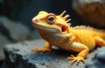 Fototapeta premium Vibrant orange bearded dragon lizard rests on textured rock in terrarium. Pogona vitticeps reptile displays spiny texture, watchful eye, characteristic throat beard. Popular exotic pet, native to