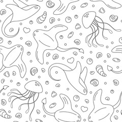 Naklejka premium Seamless underwater pattern with marine life, including jellyfish, snails, and mollusks in an aquatic ocean design. Fine outline doodle art style captures the essence of sea creatures. Perfect ocean
