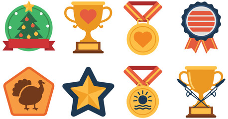 Holiday trivia, vector icons set with seasonal quiz badges, ribbons, and medals, festive celebration design, award illustration collection, winter event theme, decorative emblem,