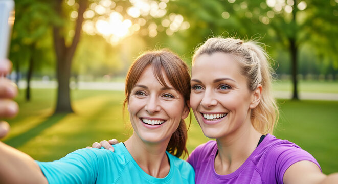 Two caucasian women taking a selfie together in a sunny park during an afternoon walk. concept of friendship, joyful moments, outdoor leisure, sunny day smiles