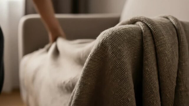 Cozy Textured Blanket Draped Over a Sofa for a Relaxing and Comfortable Home Atmosphere