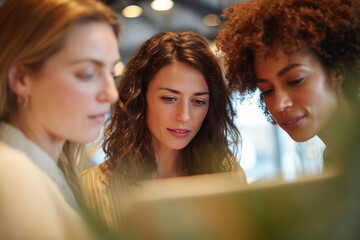 Three professional women collaborating closely over a laptop, focused team meeting, diverse colleagues sharing ideas in modern workspace