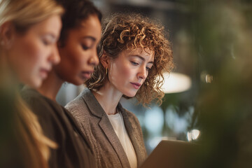 Female colleagues collaborating over a tablet in a modern office — focused young professionals discussing ideas and teamwork