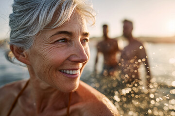 Smiling mature woman enjoying a golden-hour swim at the beach with friends — carefree summer lifestyle, joyful seaside relaxation and wellness