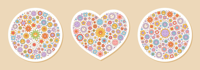 Groovy retro flower and heart sticker set with y2k circle, daisy patch and smiley sun in a colorful doodle background. Sunshine fun elements for playful collections trendy designs.