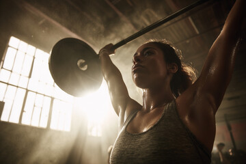 Determined female athlete performing overhead barbell weightlifting in a sunlit industrial gym - intense workout, sweat, strength and focus