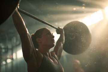 Determined woman lifting a heavy barbell overhead in a sunlit gym, sweat-glossed muscles and intense focus capturing power and dedication
