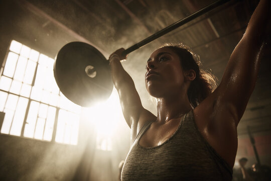 Determined female athlete performing overhead barbell weightlifting in a sunlit industrial gym - intense workout, sweat, strength and focus - Powered by Adobe