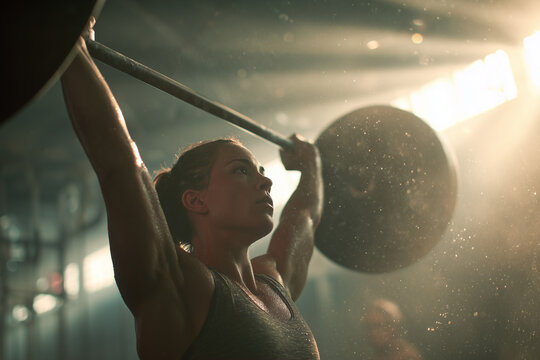 Determined woman lifting a heavy barbell overhead in a sunlit gym, sweat-glossed muscles and intense focus capturing power and dedication