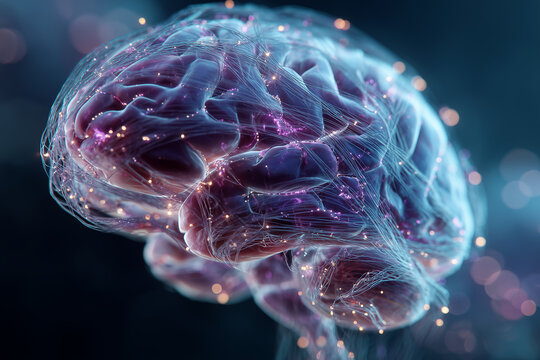 3D visualization of a human brain with luminous neural networks and synaptic connections, illustrating cognition and neural connectivity