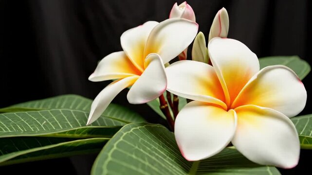pomelia - A close-up view of vibrant, tropical flowers displaying soft, white petals with striking yellow centers, surrounded by lush green leaves, set against a dark background