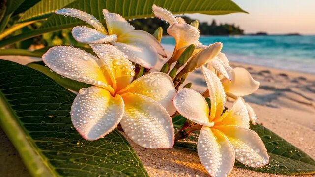 pomelia - Delicate plumeria flowers adorned with dewdrops bloom beside a serene beach, with gentle waves lapping at the shoreline and lush green leaves framing the vibrant scene under a warm sunset