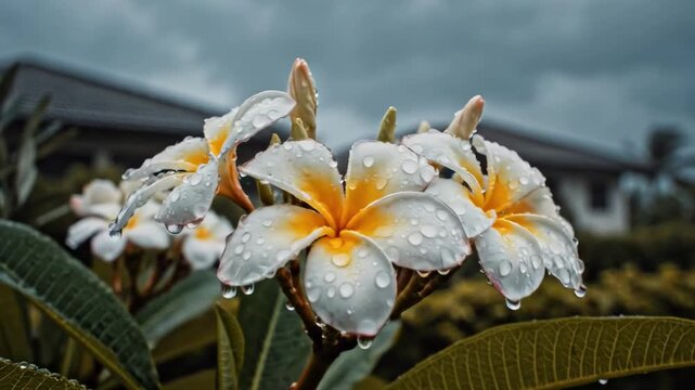 pomelia - Close-up of vibrant white flowers with yellow centers, glistening with raindrops, set against a blurred background of lush greenery and a cloudy sky