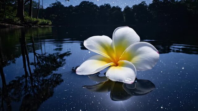 pomelia - A serene white flower with yellow accents floats on calm water, surrounded by dark foliage under a starry night sky, creating a tranquil and reflective atmosphere in nature