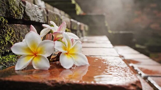 pomelia - A tranquil scene featuring damp, weathered brick steps adorned with delicate white flowers, set against a misty backdrop that enhances the serene atmosphere