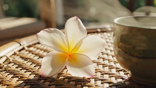 pomelia - A serene setting featuring a delicate white plumeria flower beside a rustic ceramic cup on a woven tray, with soft natural light creating a tranquil atmosphere