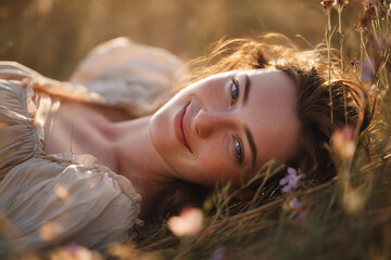 Young woman with freckles lying in a sunlit meadow at golden hour, smiling peacefully among wildflowers — warm, dreamy natural beauty and serene summer calm