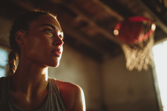 Sunlit portrait of a determined female basketball player on an indoor court, sweat-glowing skin and intense gaze before the next play