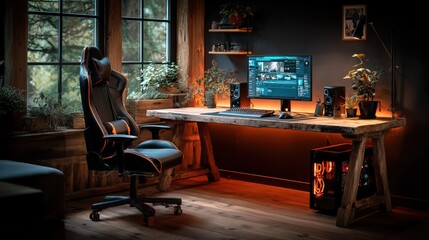 Cozy gaming workspace with warm lighting multiple monitors and wooden desk for home office design.
