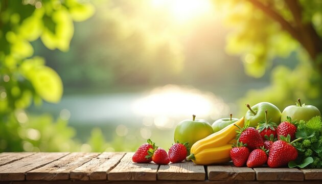 Fresh vibrant fruits, vegetables arranged on rustic wooden table outdoors. Includes strawberries, bananas, green apples, bathed in bright sunlight. Background features blurred plants, water, evoking