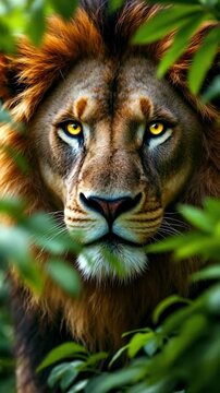 Majestic Lion's Intense Gaze Amidst Lush Greenery