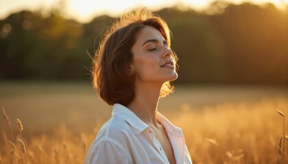 Woman with short hair, white shirt stands in sunlit field, eyes closed. Golden hour light bathes face, accentuating serene expression. Represents peacefulness, meditation, nature connection,