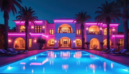 Luxurious mansion with swimming pool, palm trees illuminated by vibrant neon lights at night. Modern villa with elegant architecture, ideal for vacation, resort, party settings. Promotes relaxation,