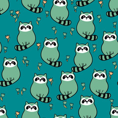 Vector seamless repeating childish pattern with cute raccoon in doodle style. Animals background for invitation, poster, card, flyer, textile, fabric.