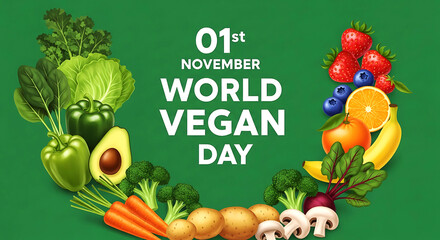 World Vegan Day, 01st November. Illustrated plant food arch frame on green background.
