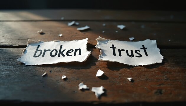 Torn paper pieces inscribed with broken, trust lie on weathered wooden surface. Dramatic lighting, shadow create somber mood, lost faith, failed agreements, damaged relationships. Stark visual