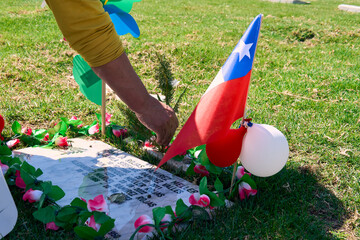 Scene of a Chilean tricolor flag waving in the wind next to a grave in a cemetery park. Showing...