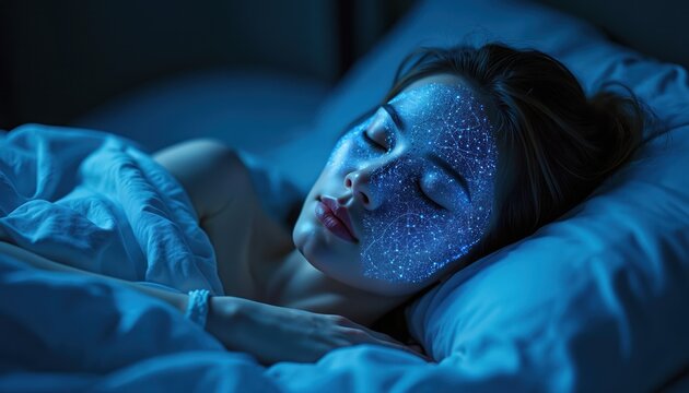 Woman sleeping visualizing brainwave activity. Neurology, sleep disorder research. Digital pattern overlay on face. Diagnosing apnea, rem, health monitoring analysis technology treatment. Medicine