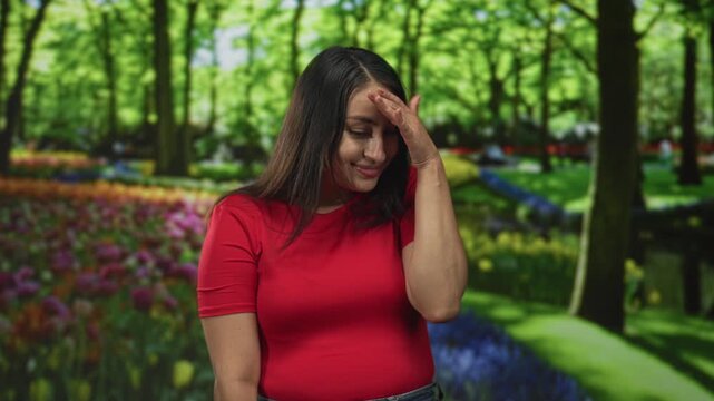 Woman in red shirt with hand to forehead standing in forest among green trees and flowerbeds, smiling awkwardly; embarrassment reflection.
