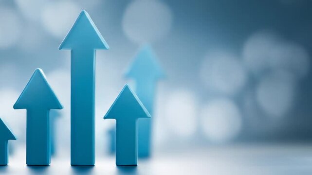 A group of light blue arrows of varying sizes point upwards on a blurred background