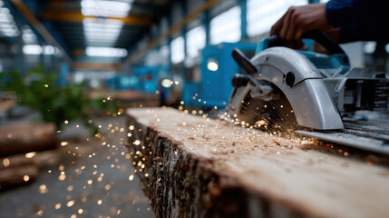 A close shot of a circular saw working on a wooden log, showcasing sparks flying, symbolizing craftsmanship and the intensity of woodworking in a workshop environment.