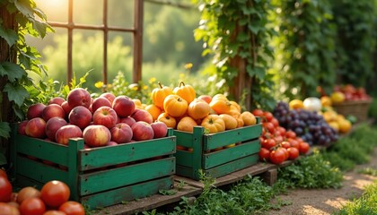 Vibrant fruit stand overflowed with fresh produce in garden setting. Variety of seasonal fruits, vegetables peaches, tomatoes, grapes, pumpkins. Healthy organic food concept. Bright sunny day, nature