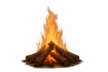 Campfire burning logs with red and orange flames providing warmth, light, and a cozy outdoor atmosphere