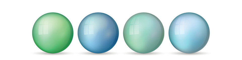 Set with glass colorful balls. Glossy realistic ball, 3D abstract vector illustration highlighted on a white background. Big metal bubble with shadow.