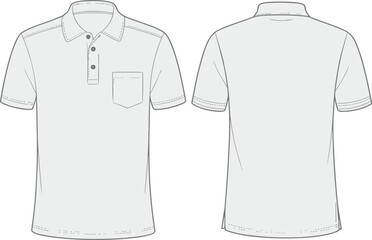 Men’s polo shirt technical sketch vector illustration set, front and back views, collar, button placket, chest pocket, yoke seam, side slits